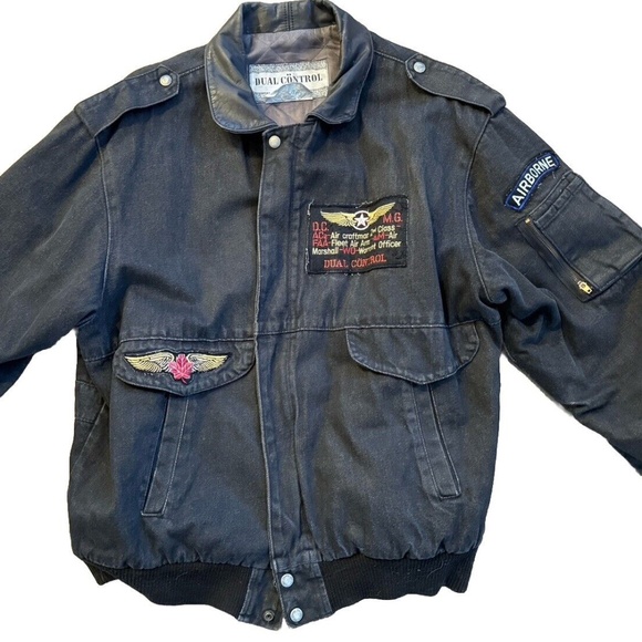 VTG Bomber Jacket Coat Dual Control Airborne Black Made in Canada Size L 80s - Picture 1 of 16